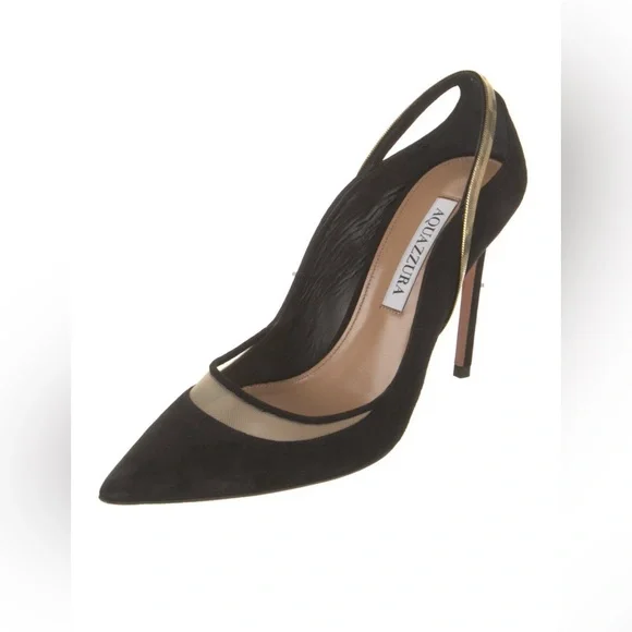 Aquazzura Soiree Pump 105 Black Suede Gold Chain Heels Size 37 / 7.5